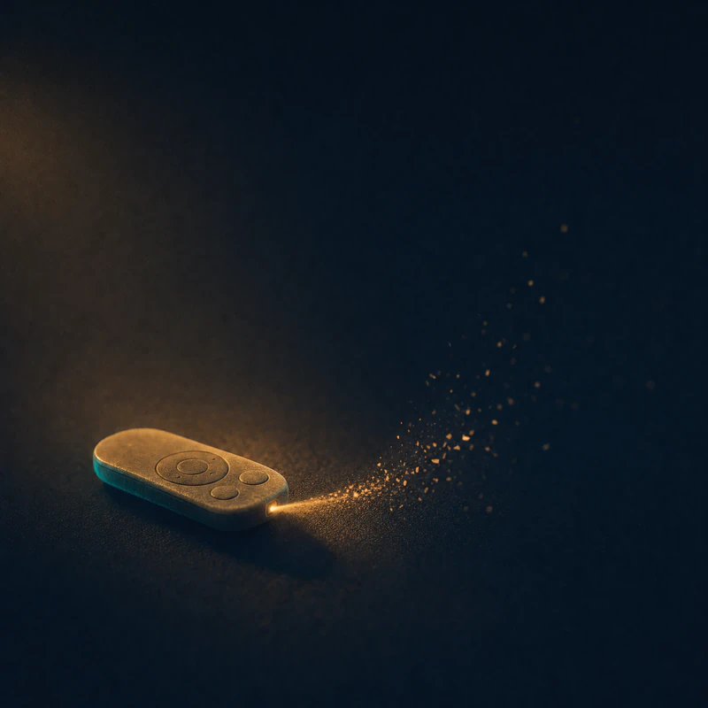 A remote control emitting a weak beam that scatters and dissolves before reaching anything.